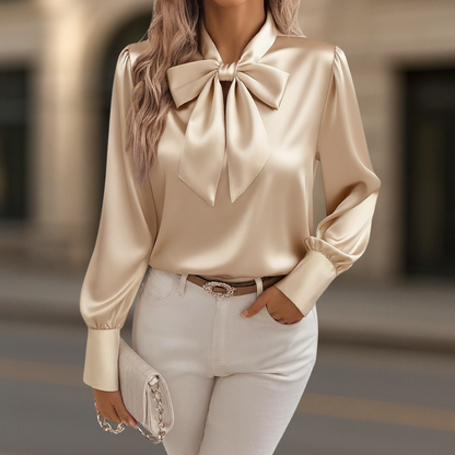 Women's Satin Blouse Oversized Bow Puffed Sleeves