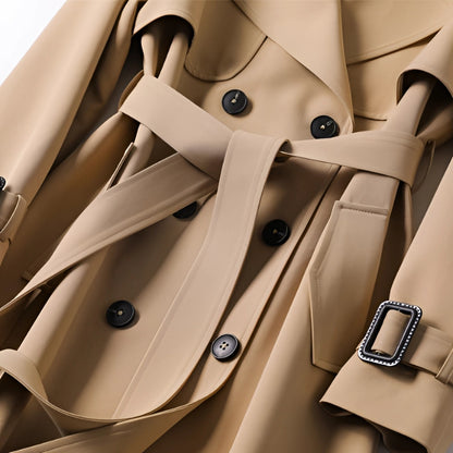 Women's Beige Double-Breasted Trench Coat Belted