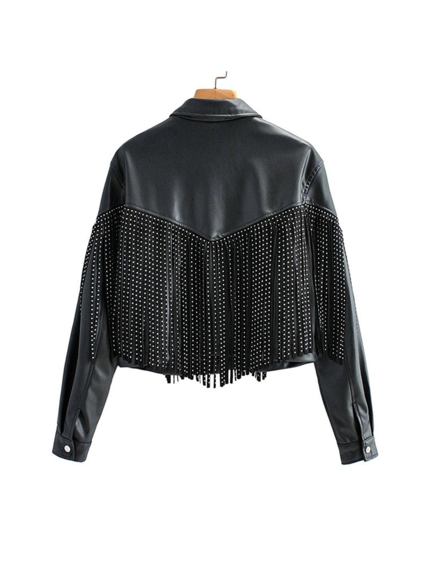 Women's Studded Leather Jacket Black Cropped Fringe