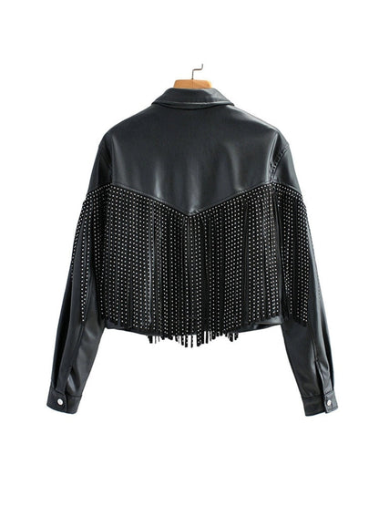 Women's Studded Leather Jacket Black Cropped Fringe