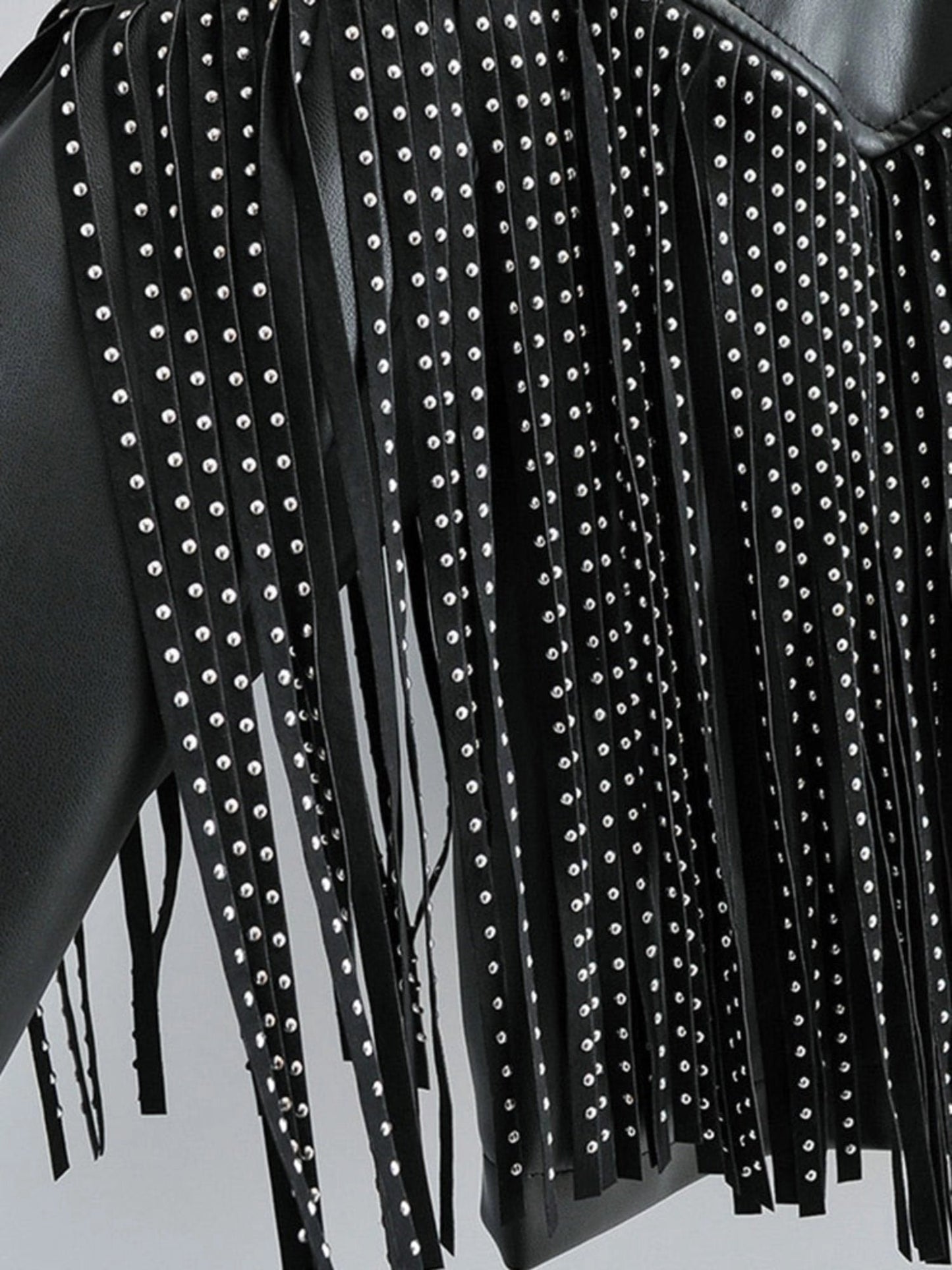 Women's Studded Leather Jacket Black Cropped Fringe