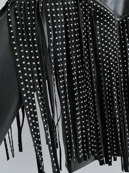 Women's Studded Leather Jacket Black Cropped Fringe