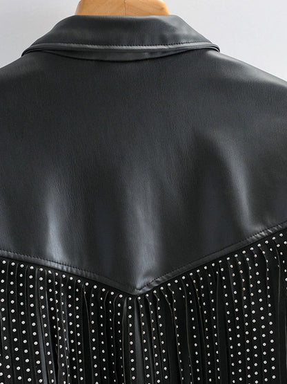 Women's Studded Leather Jacket Black Cropped Fringe