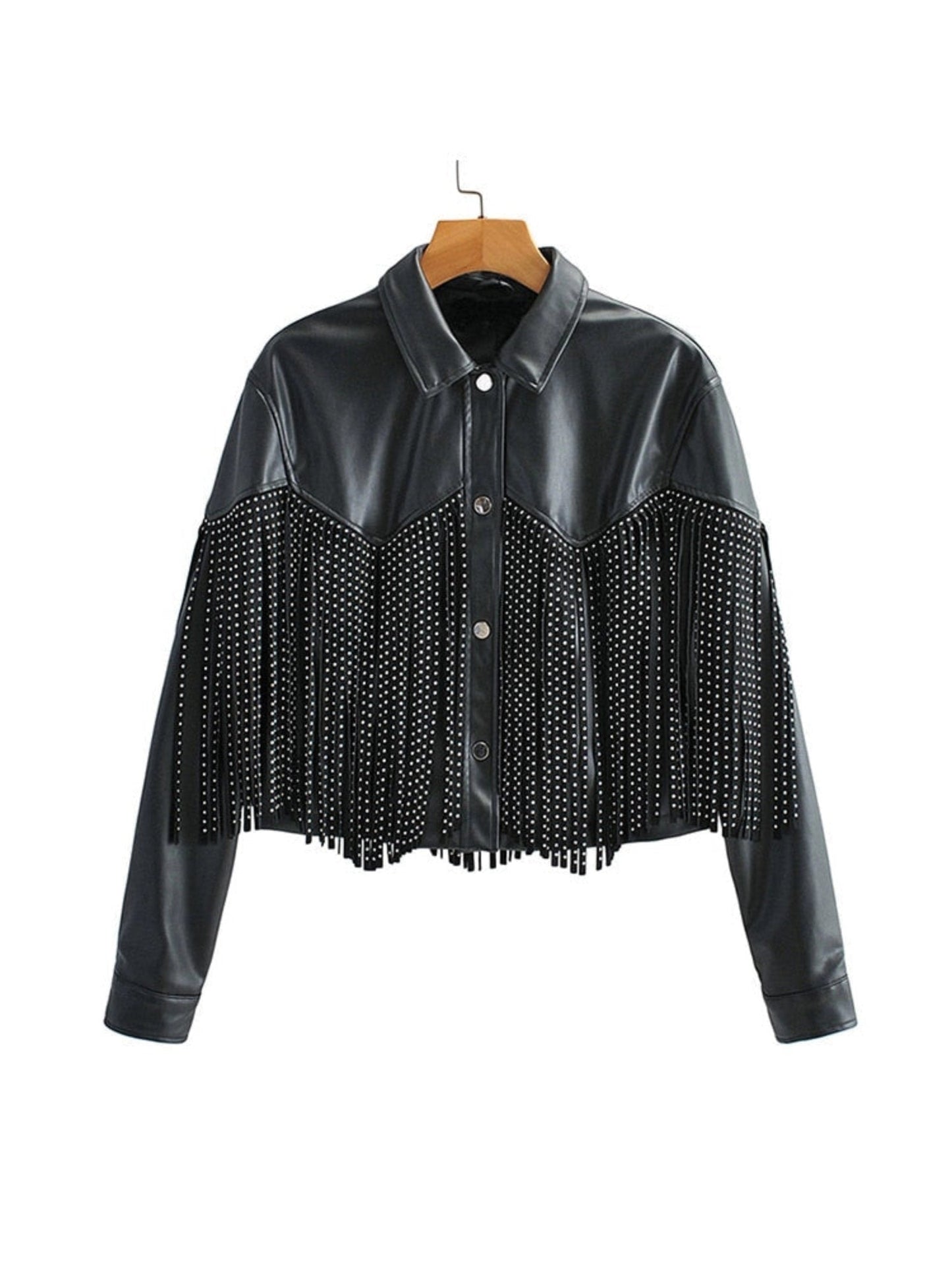 Women's Studded Leather Jacket Black Cropped Fringe - Vonnera