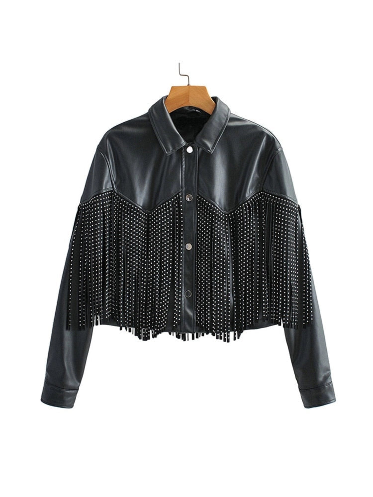 Women's Studded Leather Jacket Black Cropped Fringe - Vonnera