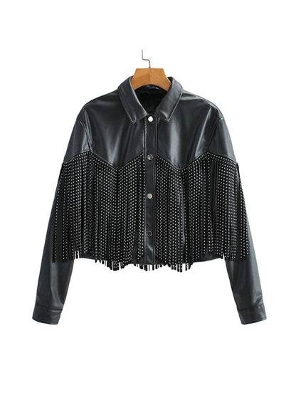 Women's Studded Leather Jacket Black Cropped Fringe - Vonnera
