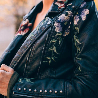 Women's Leather Jacket Floral Embroidered