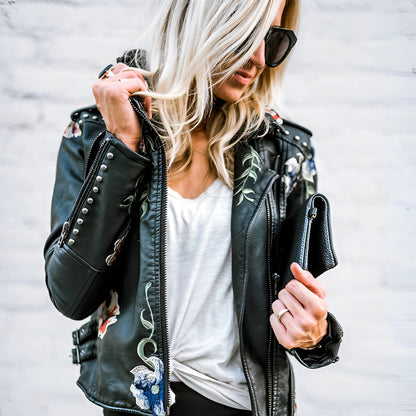 Women's Leather Jacket Floral Embroidered