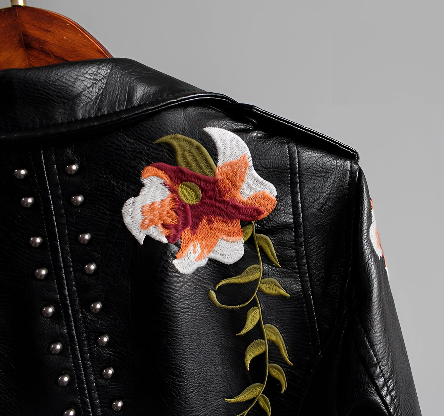 Women's Leather Jacket Floral Embroidered