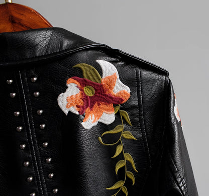 Women's Leather Jacket Floral Embroidered