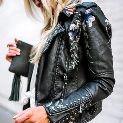 Women's Leather Jacket Floral Embroidered