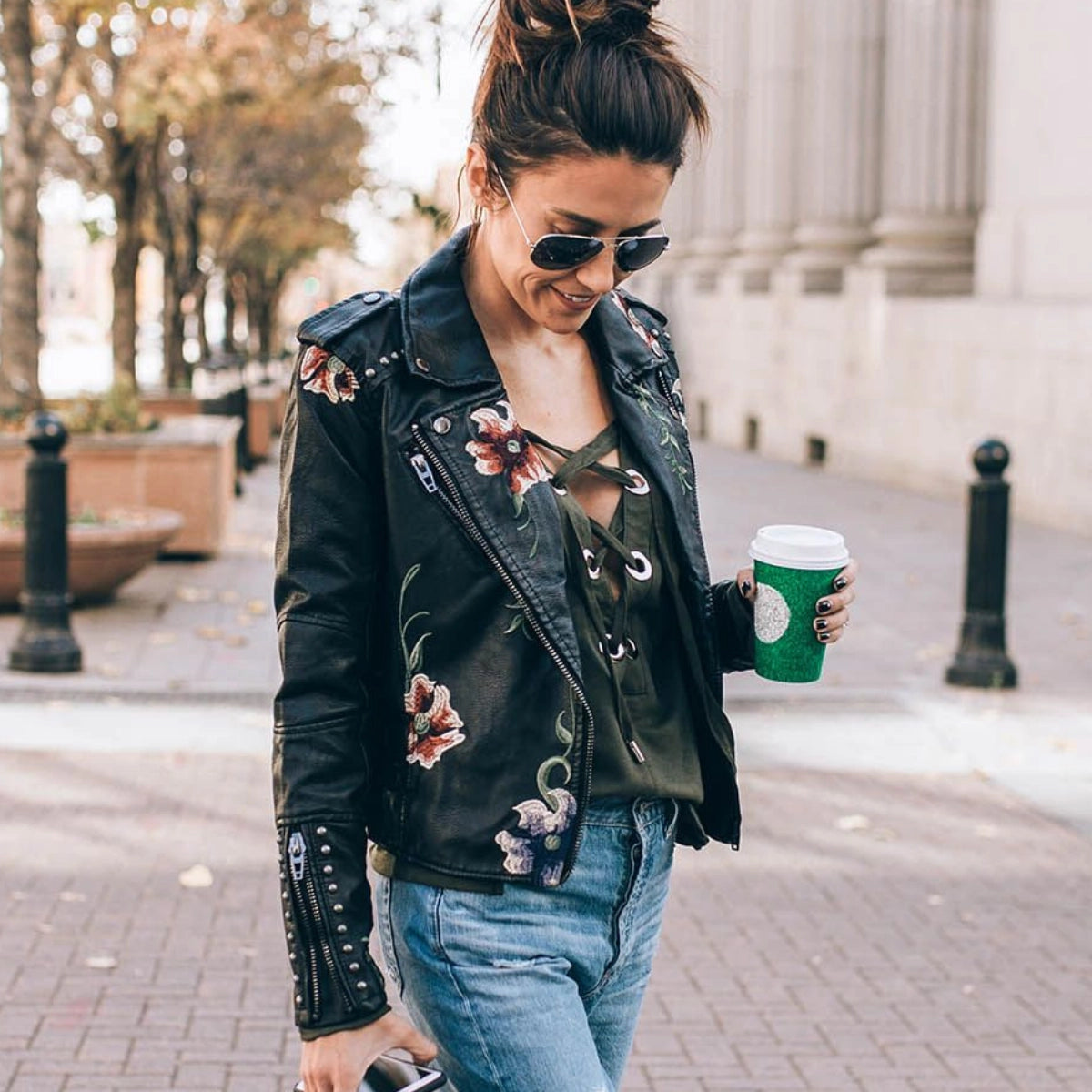 Women's Leather Jacket Floral Embroidered