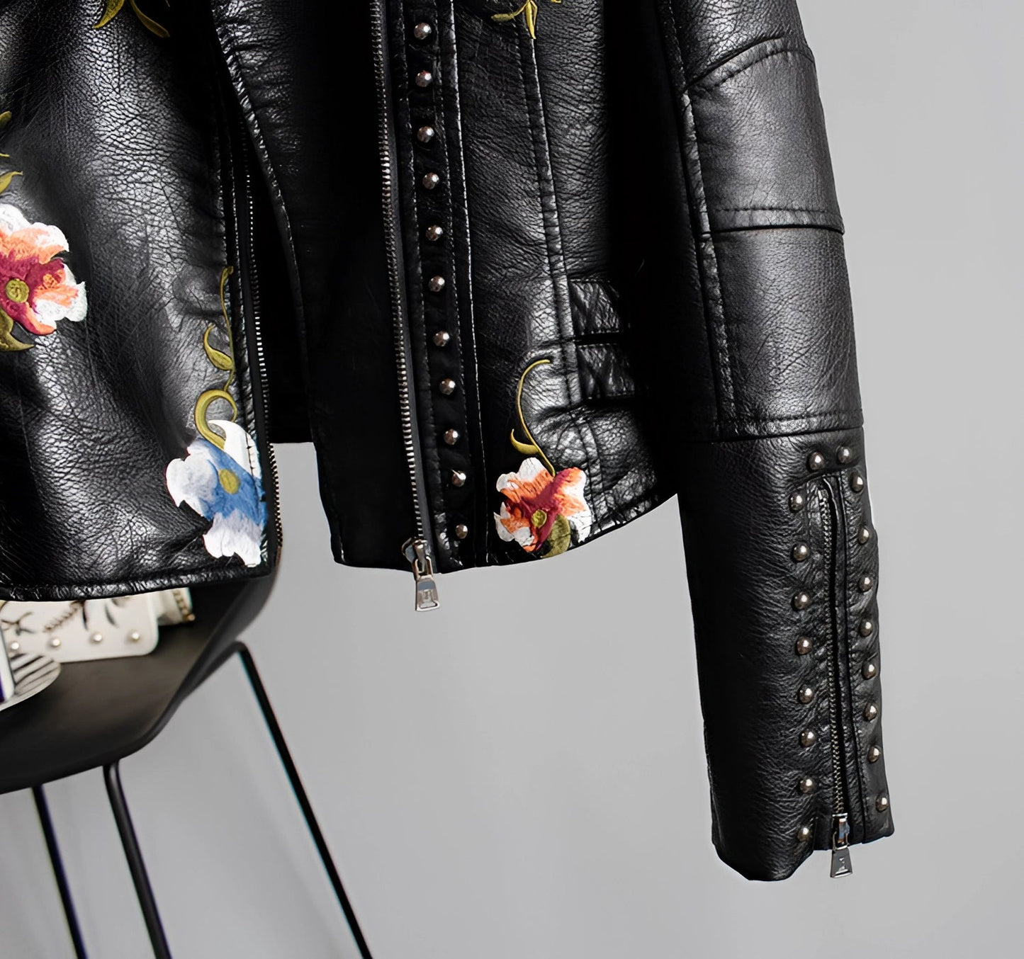 Women's Leather Jacket Floral Embroidered