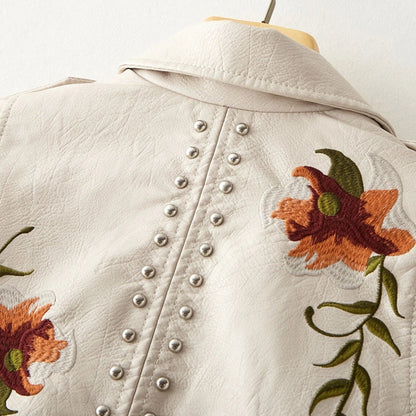 Women's Leather Jacket Floral Embroidered