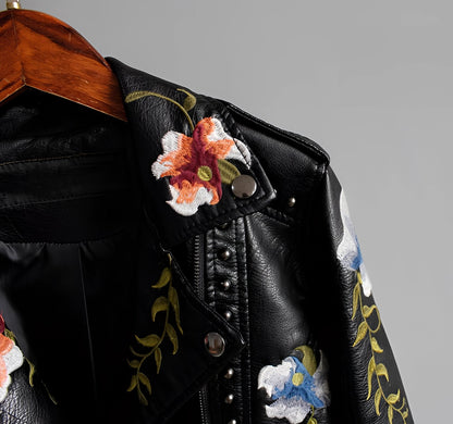 Women's Leather Jacket Floral Embroidered