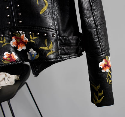Women's Leather Jacket Floral Embroidered
