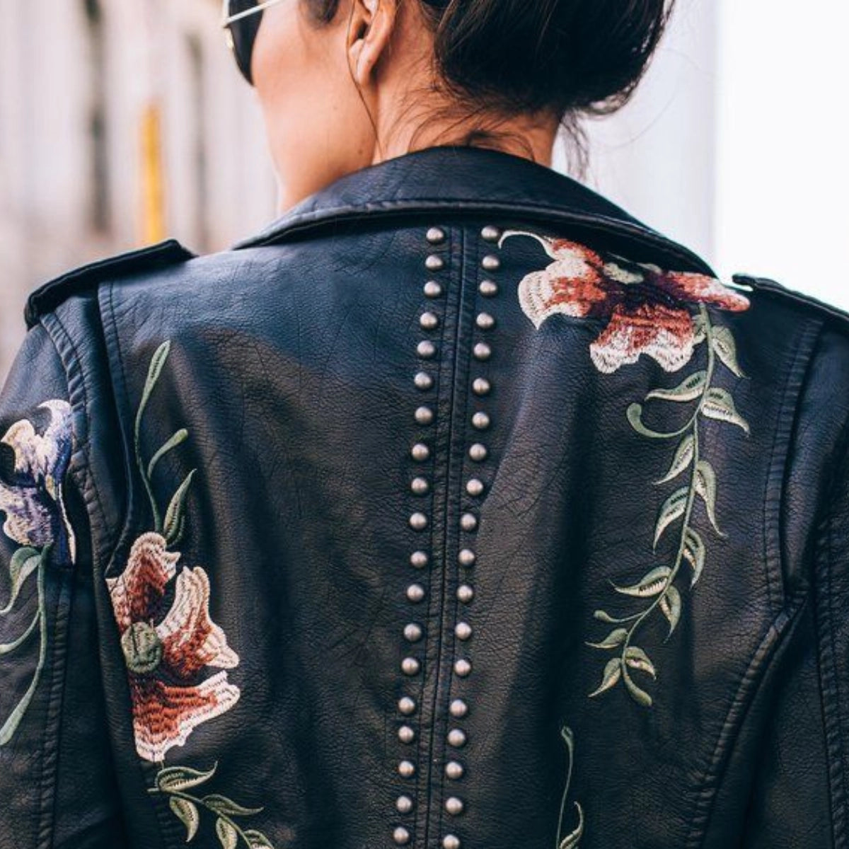 Women's Leather Jacket Floral Embroidered