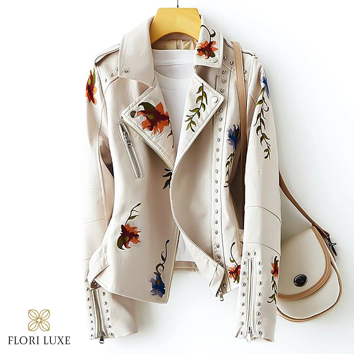 Women's Leather Jacket Floral Embroidered