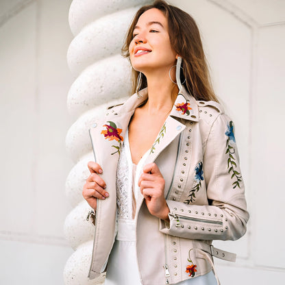 Women's Leather Jacket Floral Embroidered - Vonnera