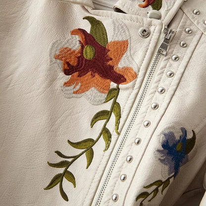 Women's Leather Jacket Floral Embroidered