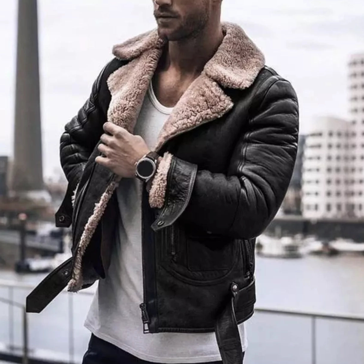 Men's Leather Jacket Shearling Collar Black - Vonnera