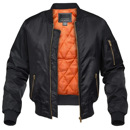 Men's Black Bomber Jacket Quilted Orange Lining Zipper Pocket - Vonnera