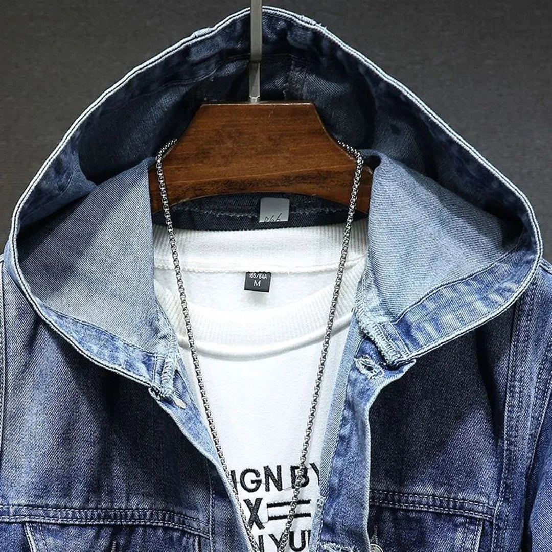 Men's Distressed Denim Jacket Hoodie Blue - Vonnera