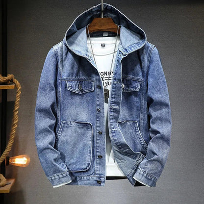 Men's Distressed Denim Jacket Hoodie Blue