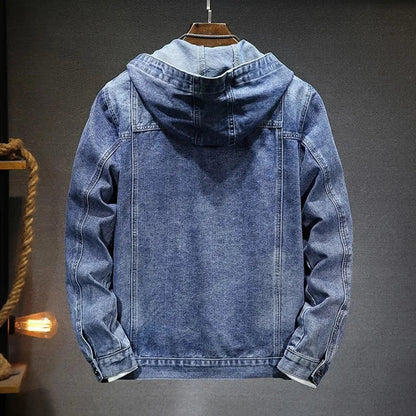 Men's Distressed Denim Jacket Hoodie Blue