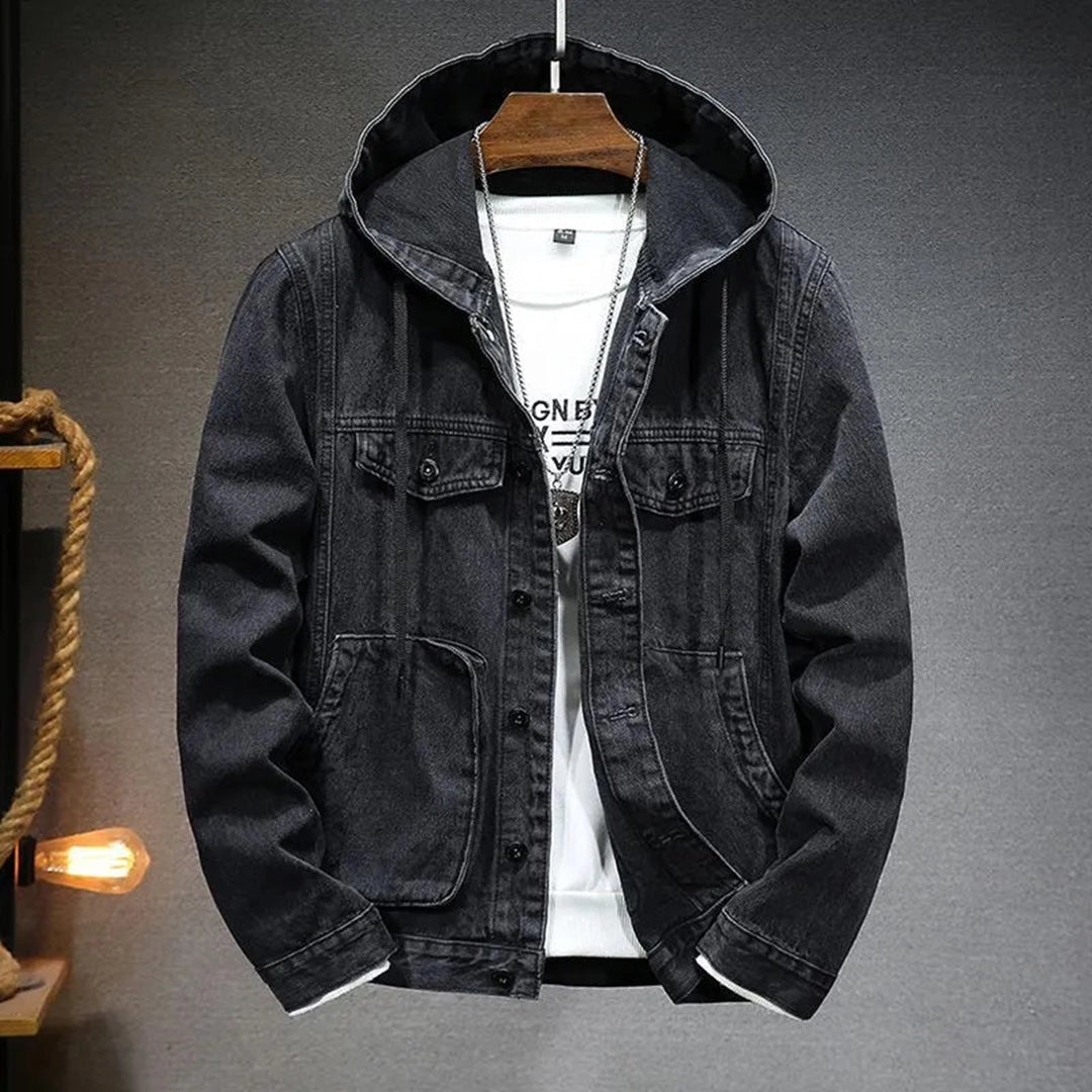 Men's Distressed Denim Jacket Hoodie Blue