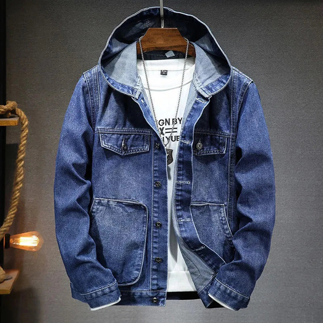 Men's Distressed Denim Jacket Hoodie Blue
