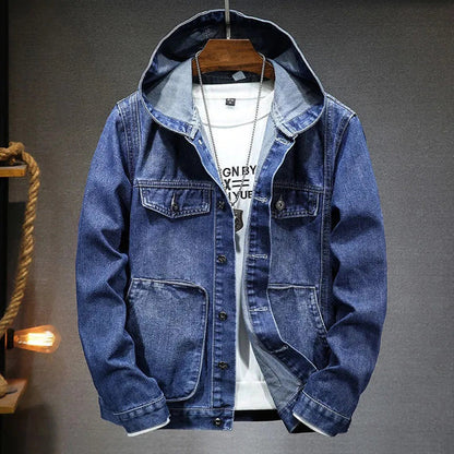 Men's Distressed Denim Jacket Hoodie Blue