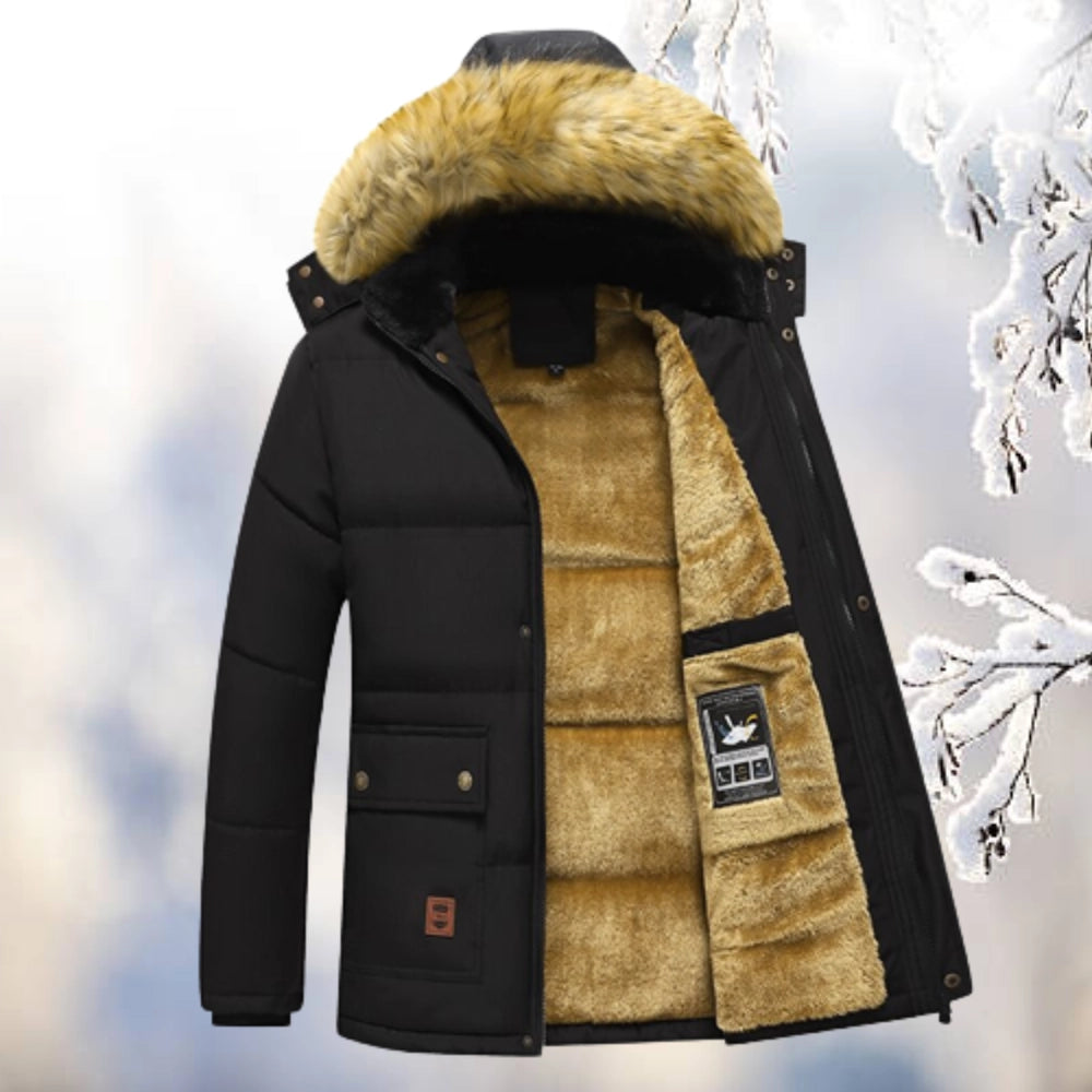 Men's Quilted Navy Parka Jacket Insulated Fur Hood