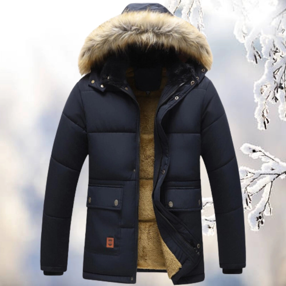 Men's Quilted Navy Parka Jacket Insulated Fur Hood