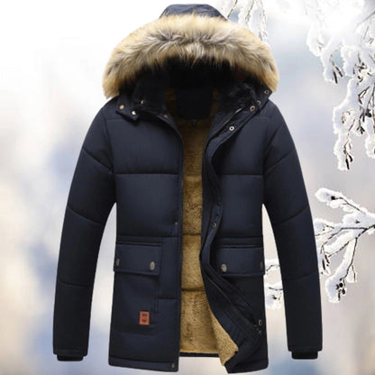 Men's Quilted Navy Parka Jacket Insulated Fur Hood