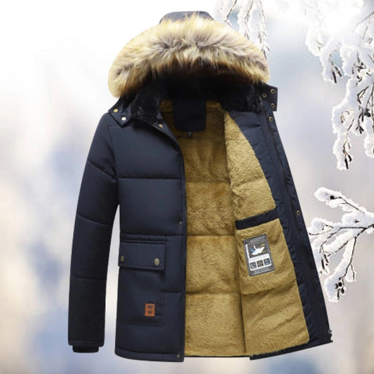 Men's Quilted Navy Parka Jacket Insulated Fur Hood - Vonnera