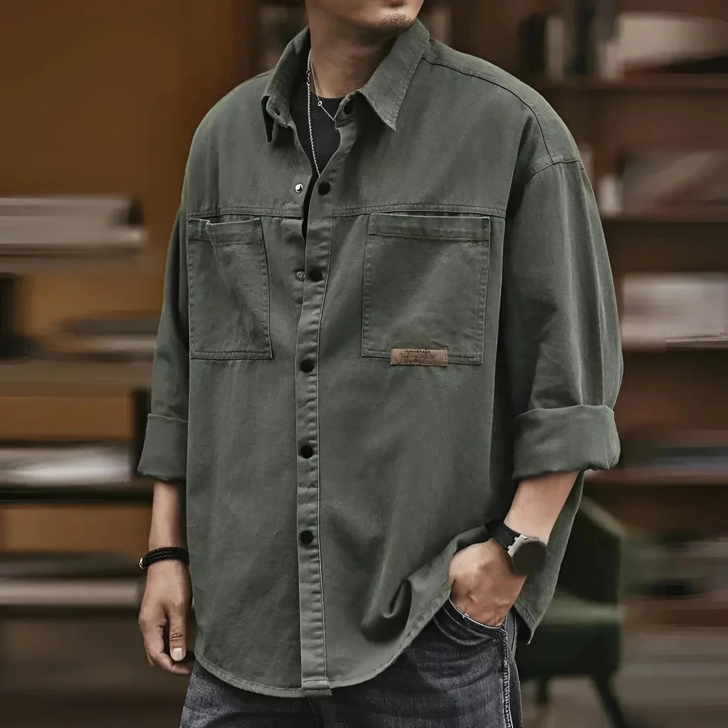 Men's Olive Green Cotton Military Jacket Lightweight