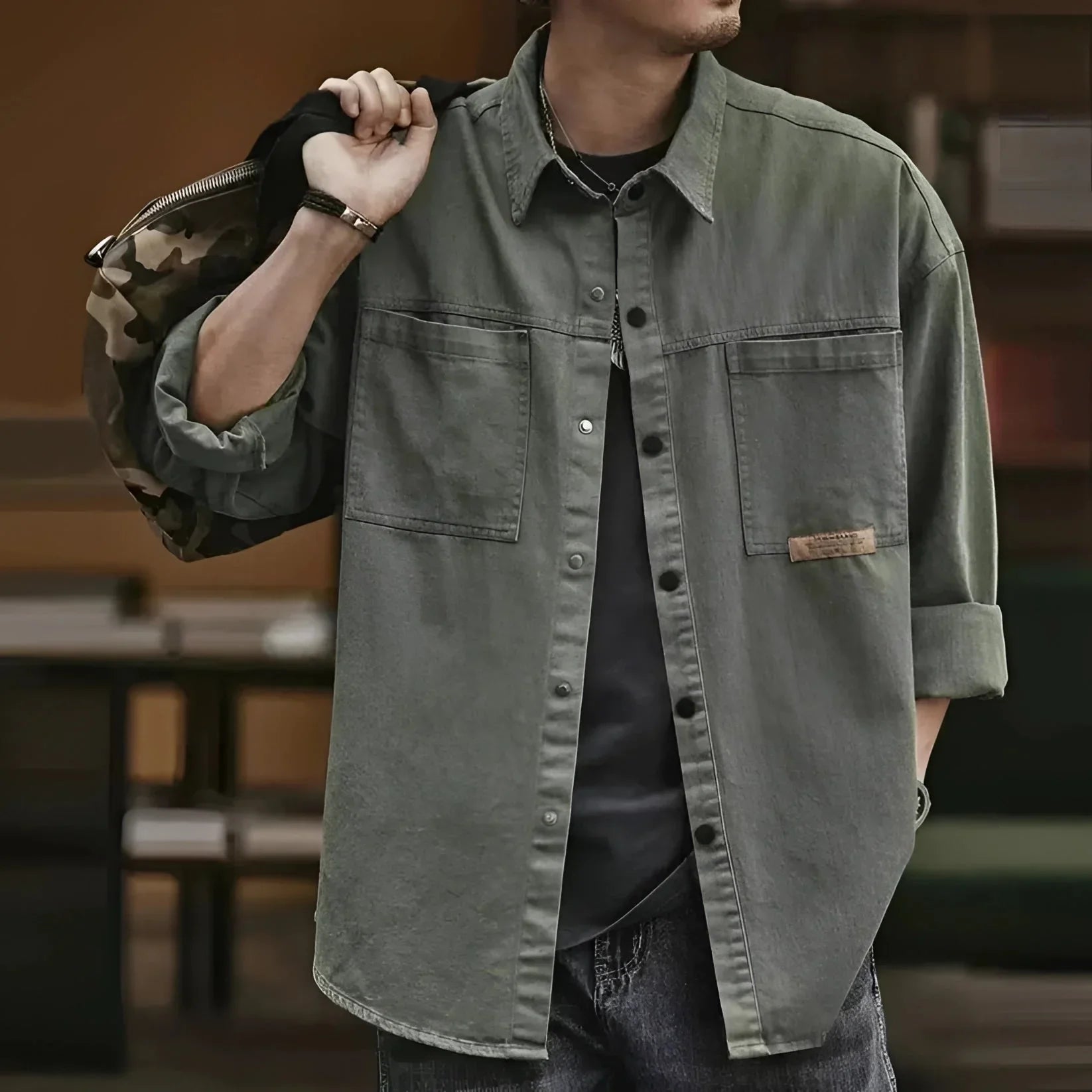 Men's Olive Green Cotton Military Jacket Lightweight - Vonnera