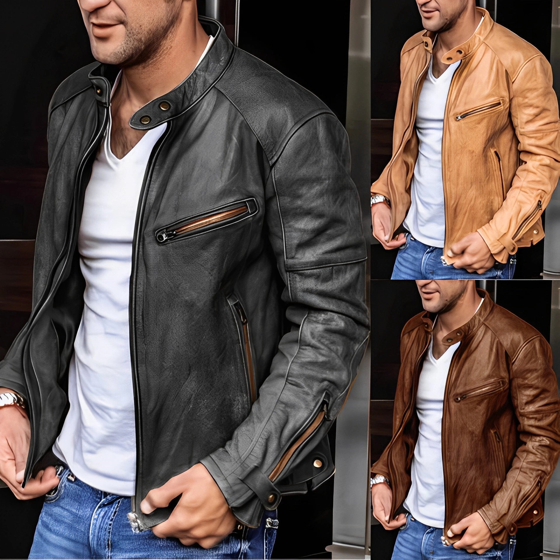 Men's Slim Fit Leather Jacket Black/Brown Zipper - Vonnera
