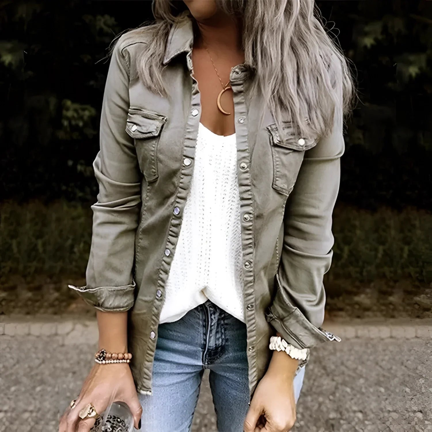 Women's Slim Fit Olive Green Utility Jacket - Vonnera