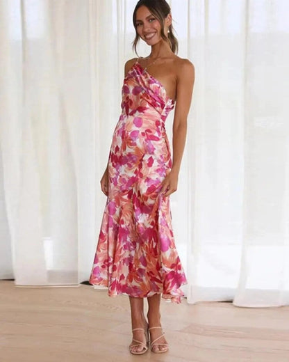 Women's Floral Midi Dress Asymmetric Floral Pink - Vonnera