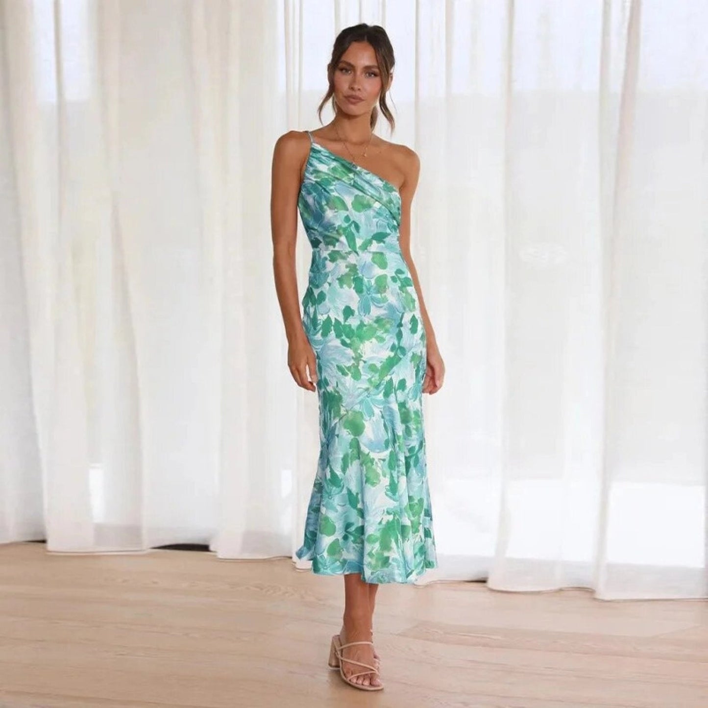 Women's Floral Midi Dress Asymmetric Floral Pink
