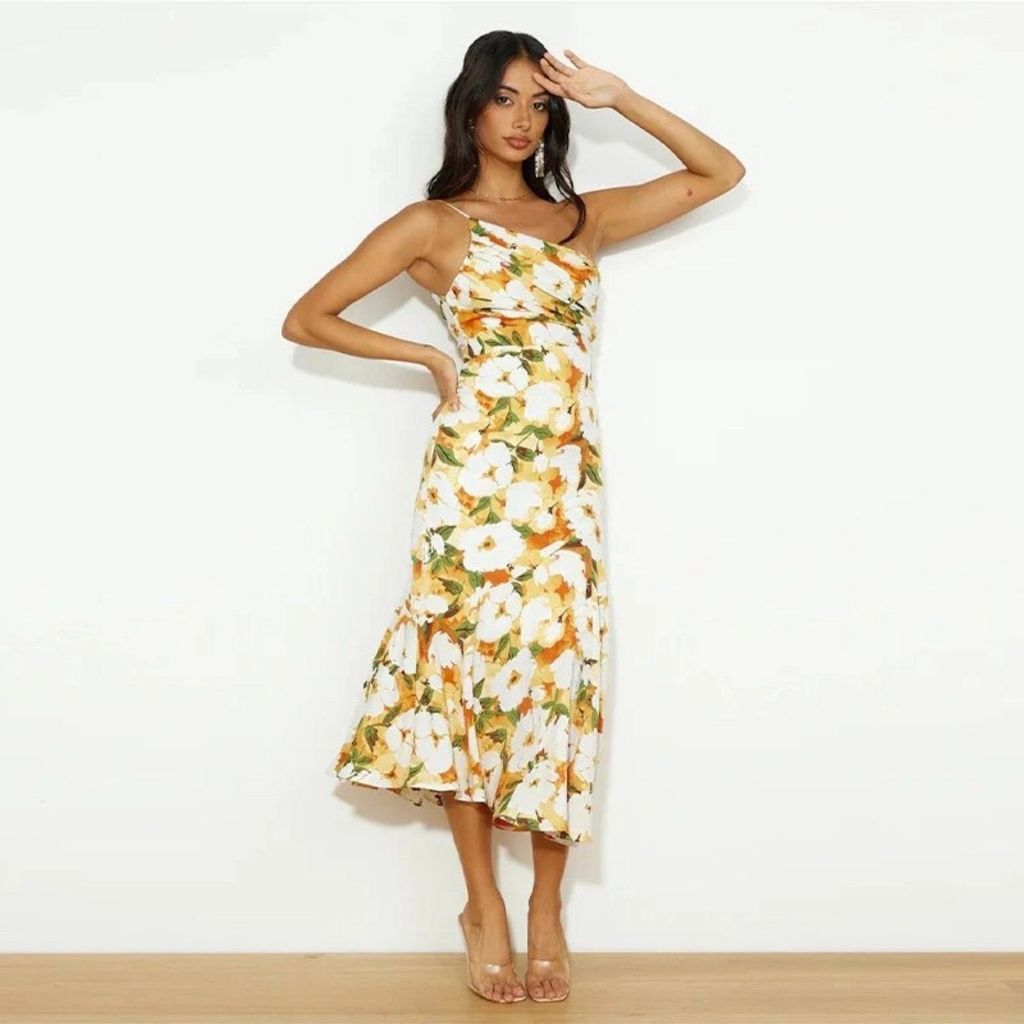 Women's Floral Midi Dress Asymmetric Floral Pink
