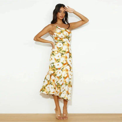 Women's Floral Midi Dress Asymmetric Floral Pink