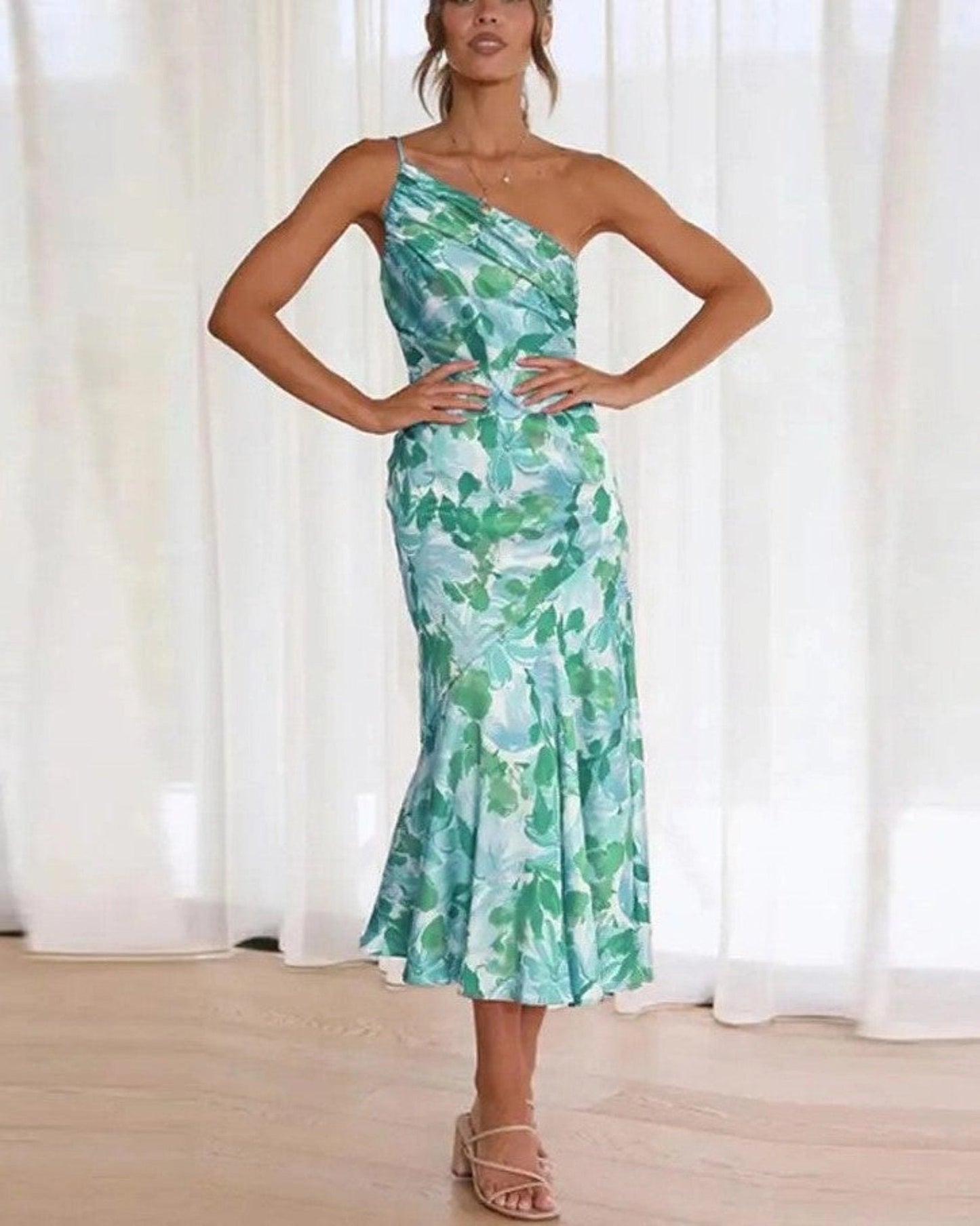 Women's Floral Midi Dress Asymmetric Floral Pink