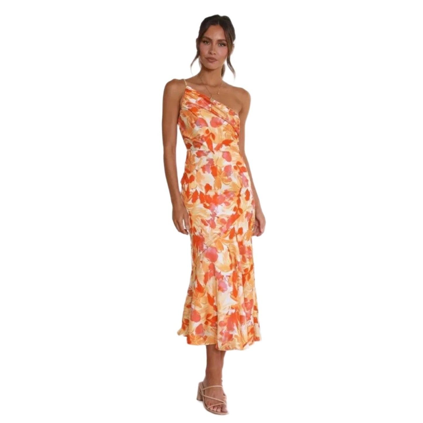 Women's Floral Midi Dress Asymmetric Floral Pink