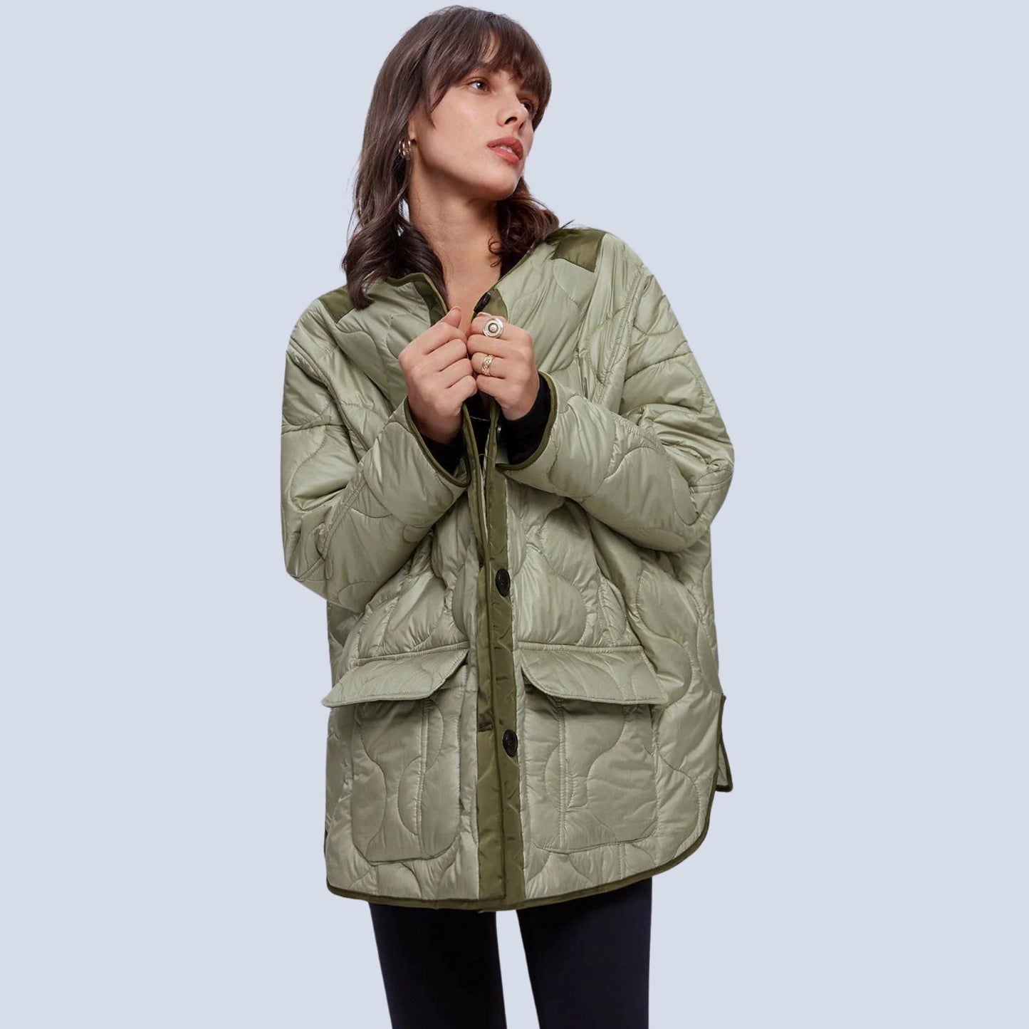 Women's Green Quilted Puffer Jacket Lightweight