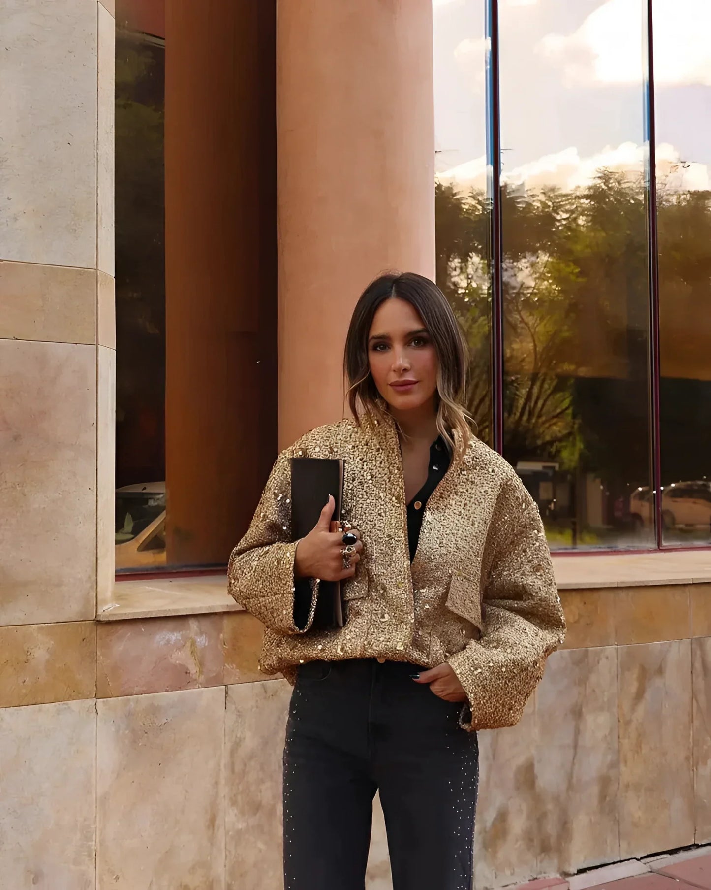 Women's Gold Metallic Bomber Jacket - Vonnera