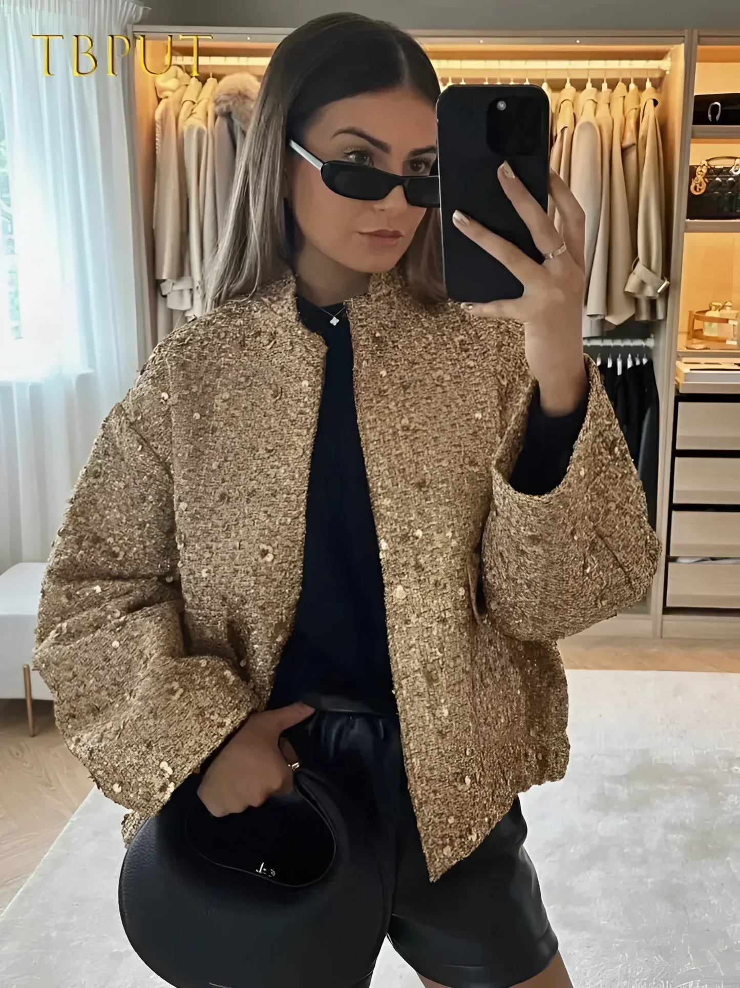Women's Gold Metallic Bomber Jacket