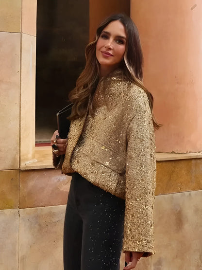 Women's Gold Metallic Bomber Jacket